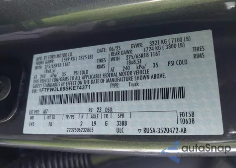 2025 Ford F-150 Xlt from USA, damaged, VIN 1FTFW3L89SKE74371